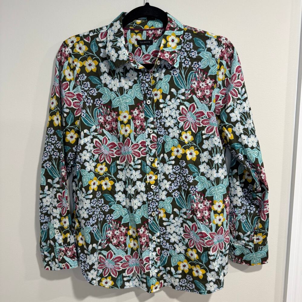 Talbots Womens Floral Button Up L/S Cotton Shirt Size Small/6 Flowers Green